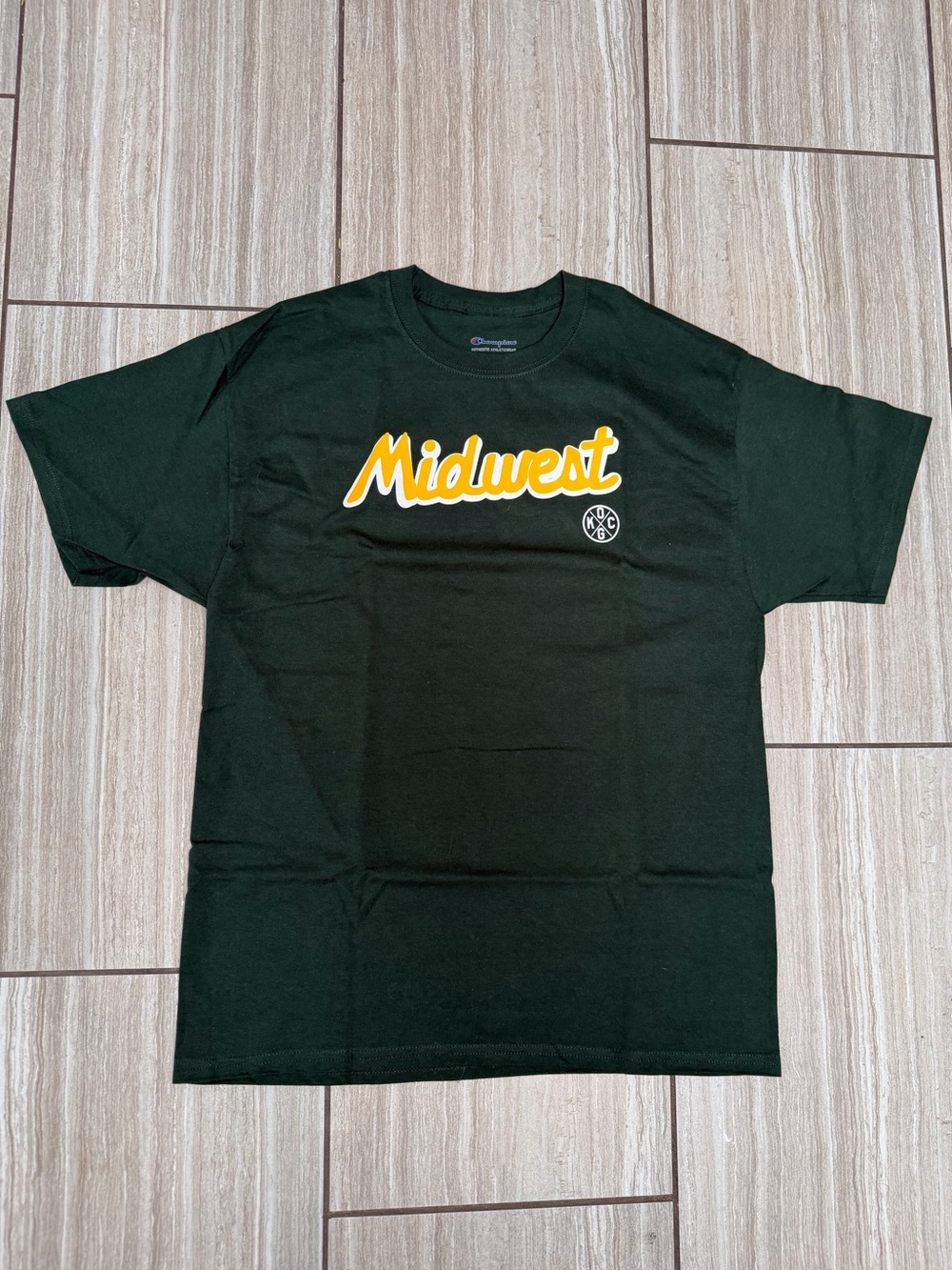 Champion Dark Green Midwest Script Tee with Yellow Accent